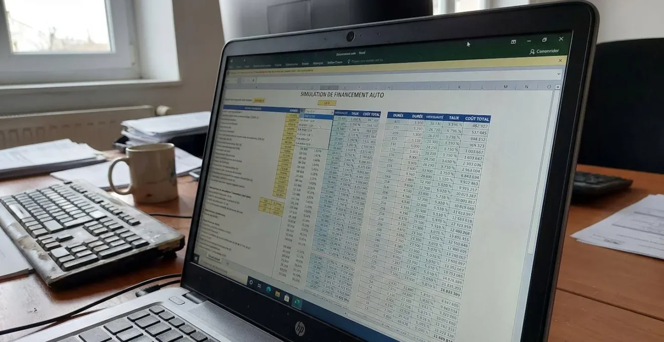 Écran d'ordinateur affichant un tableau de simulation de financement automobile avec colonnes de mensualités et comparaison de durées, clavier visible au premier plan