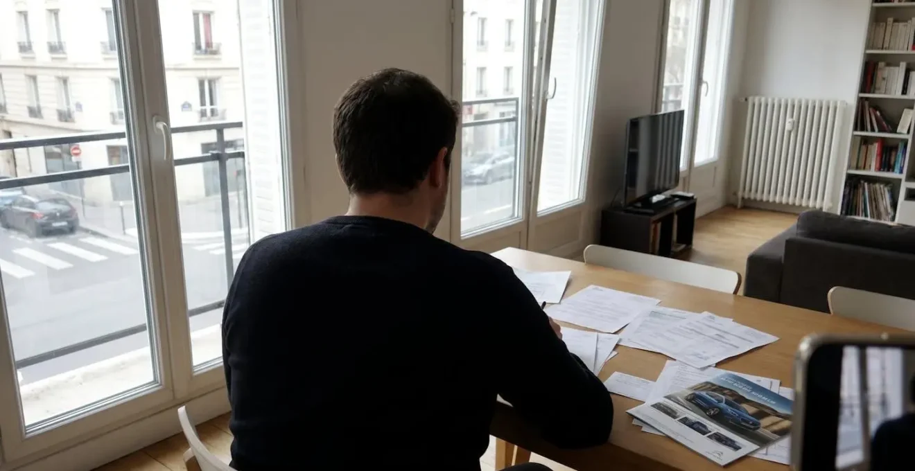 Personne consultant des documents de contrat de location automobile et brochures véhicule sur une table, vue de dos, intérieur contemporain