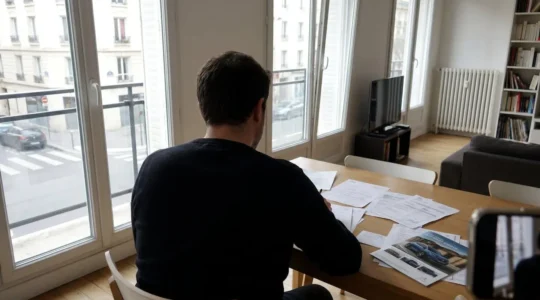 Personne consultant des documents de contrat de location automobile et brochures véhicule sur une table, vue de dos, intérieur contemporain